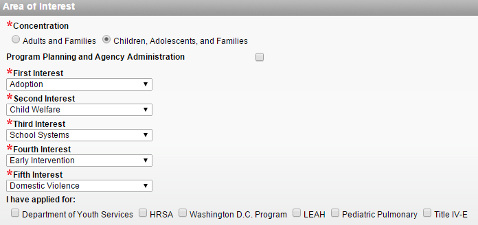 Select interests from drop-menus