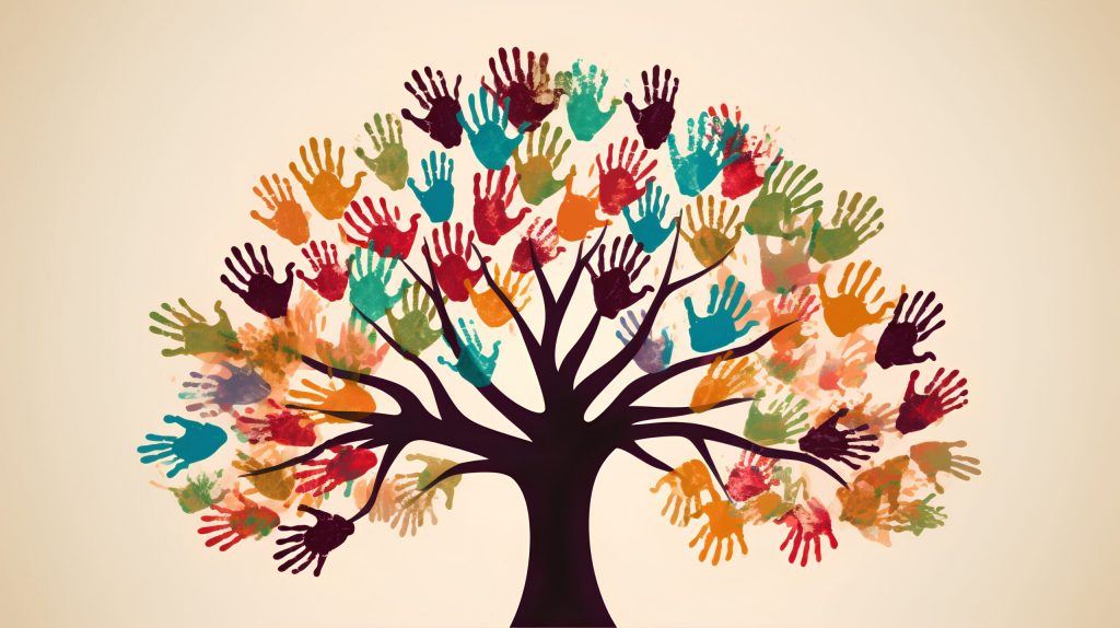 Giving and social responsibility concept illustration with colorful hands and a tree. Diverse community and the values of philanthropy, humanitarianism, and charity. Generative AI