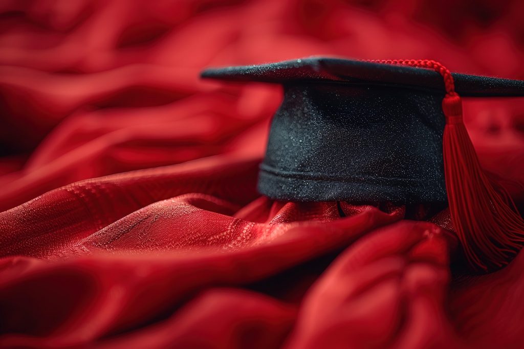 A black graduation cap is on a red background