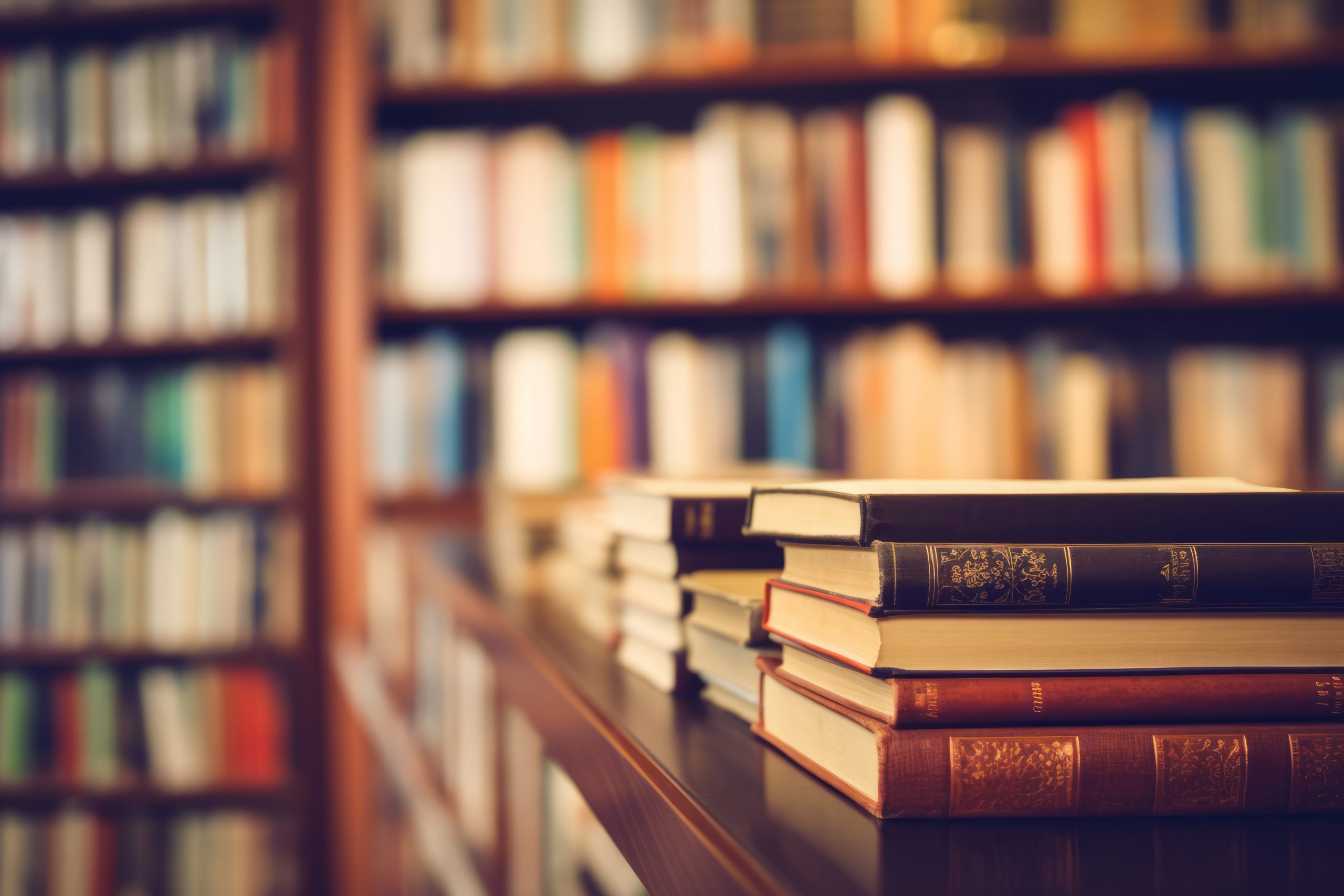 Blurred Image Many old books on bookshelf in library