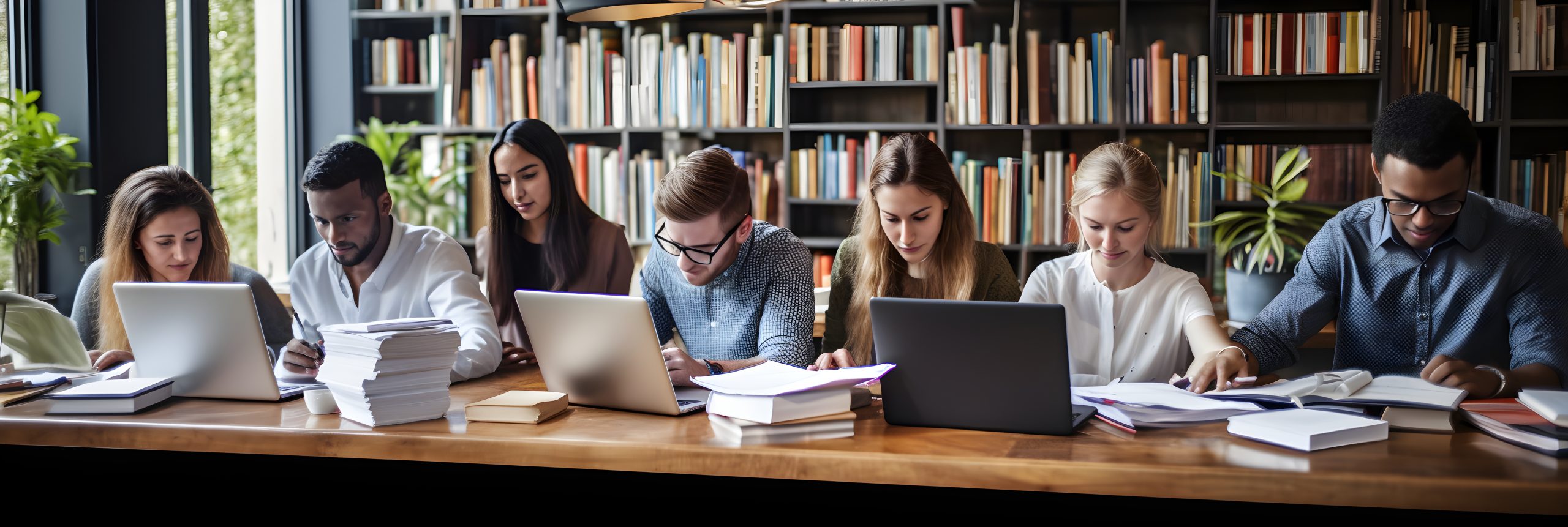 Multicultural Group of Engrossed Students Studying Together in a Library