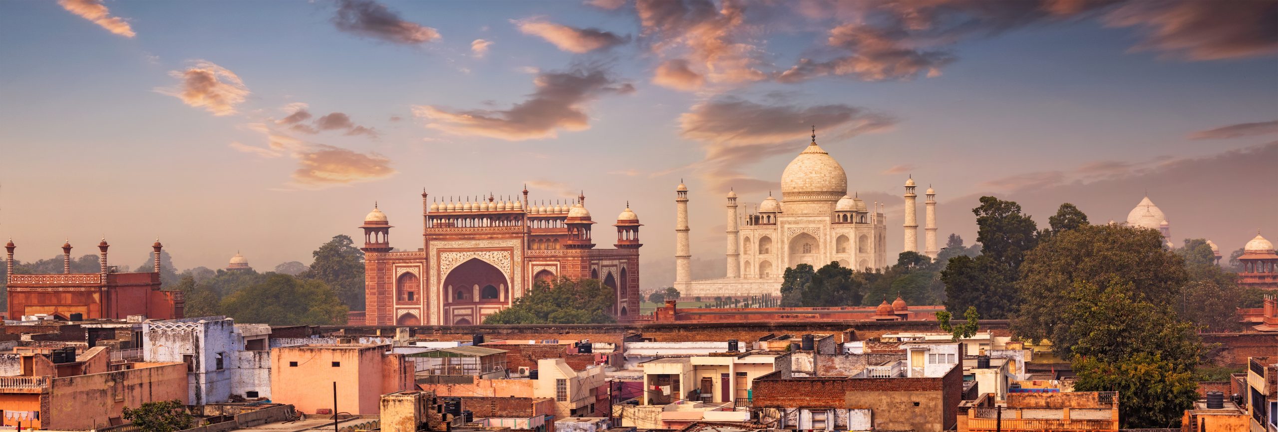 Panorama of Taj Mahal view over roofs of Agra