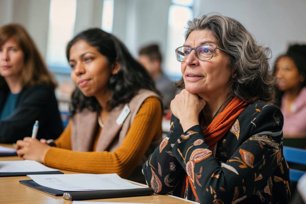 Senior woman participating in lifelong learning class. Elderly student engages in education among younger classmates