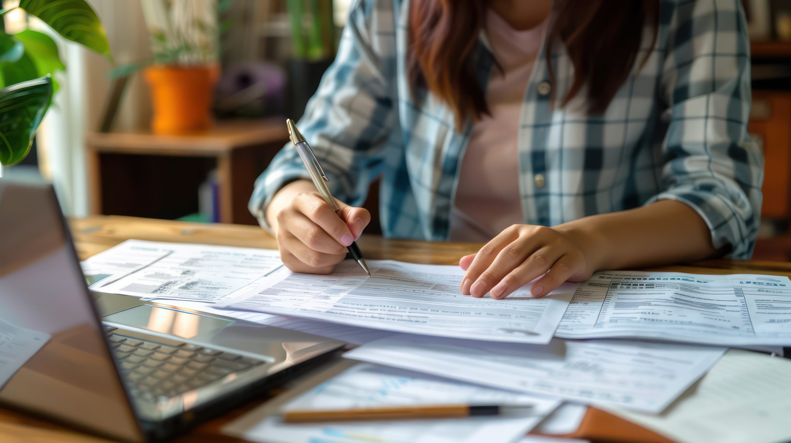 Portrait of a student filling out financial aid forms or scholarship applications online, with a laptop and documents spread out on a desk.