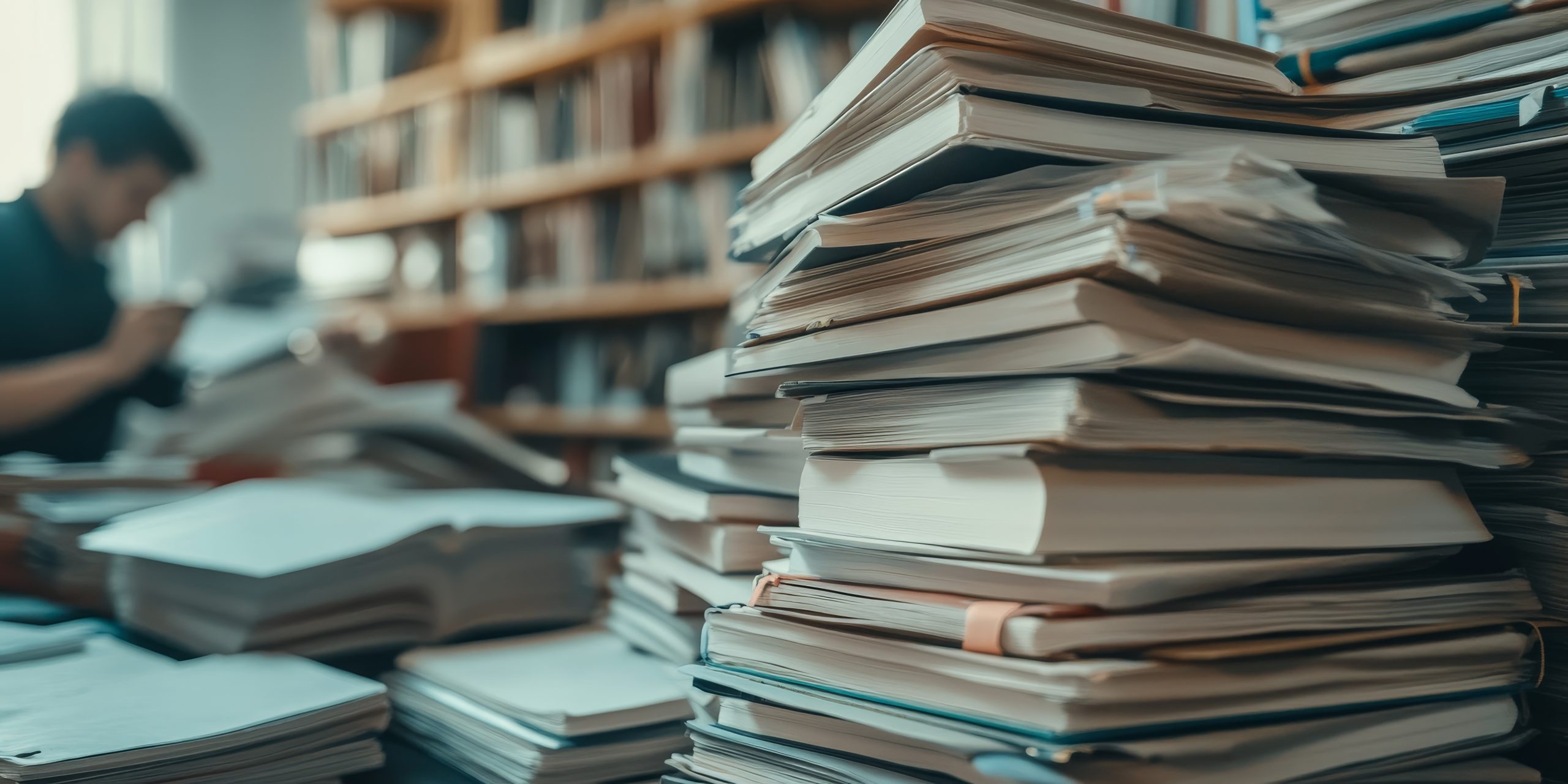 academic journals stacked on a desk, with a researcher highlighting important sections for a literature review