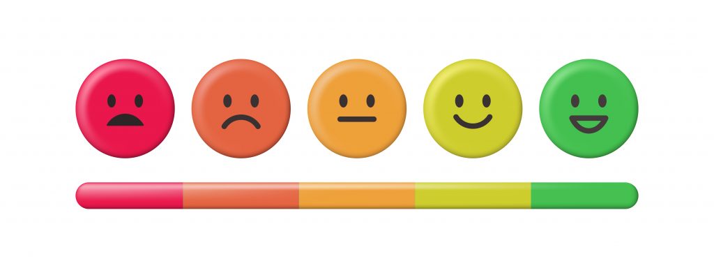 Rating scale or pain scale in the form of emoticons. From red to green smiley. Vector clipart isolated on white background.