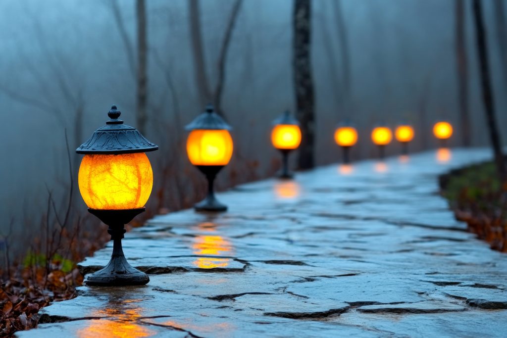 A haunting scene of a gothic castle estate surrounded by fog, with glowing lanterns casting flickering light on its stone pathways