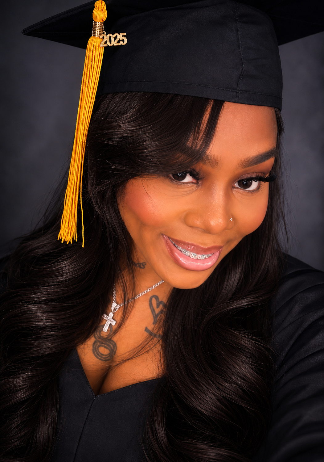 Graduate wearing a cap and gown poses for a portrait, with a 2025 tassel visible.